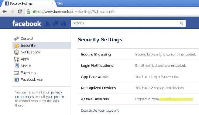 Facebook security settings