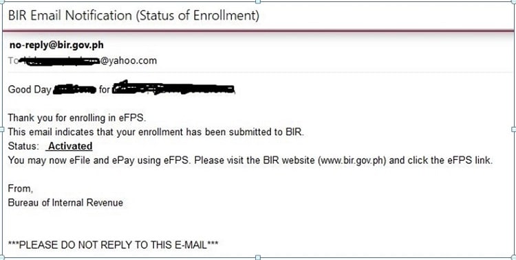 eFPS Status of Enrollment activated