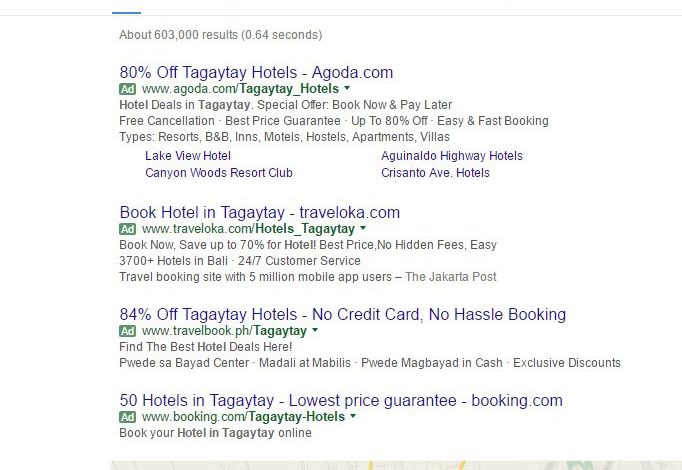 Google results for hotels in Tagaytay