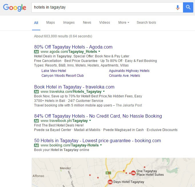 Google results for hotels in Tagaytay